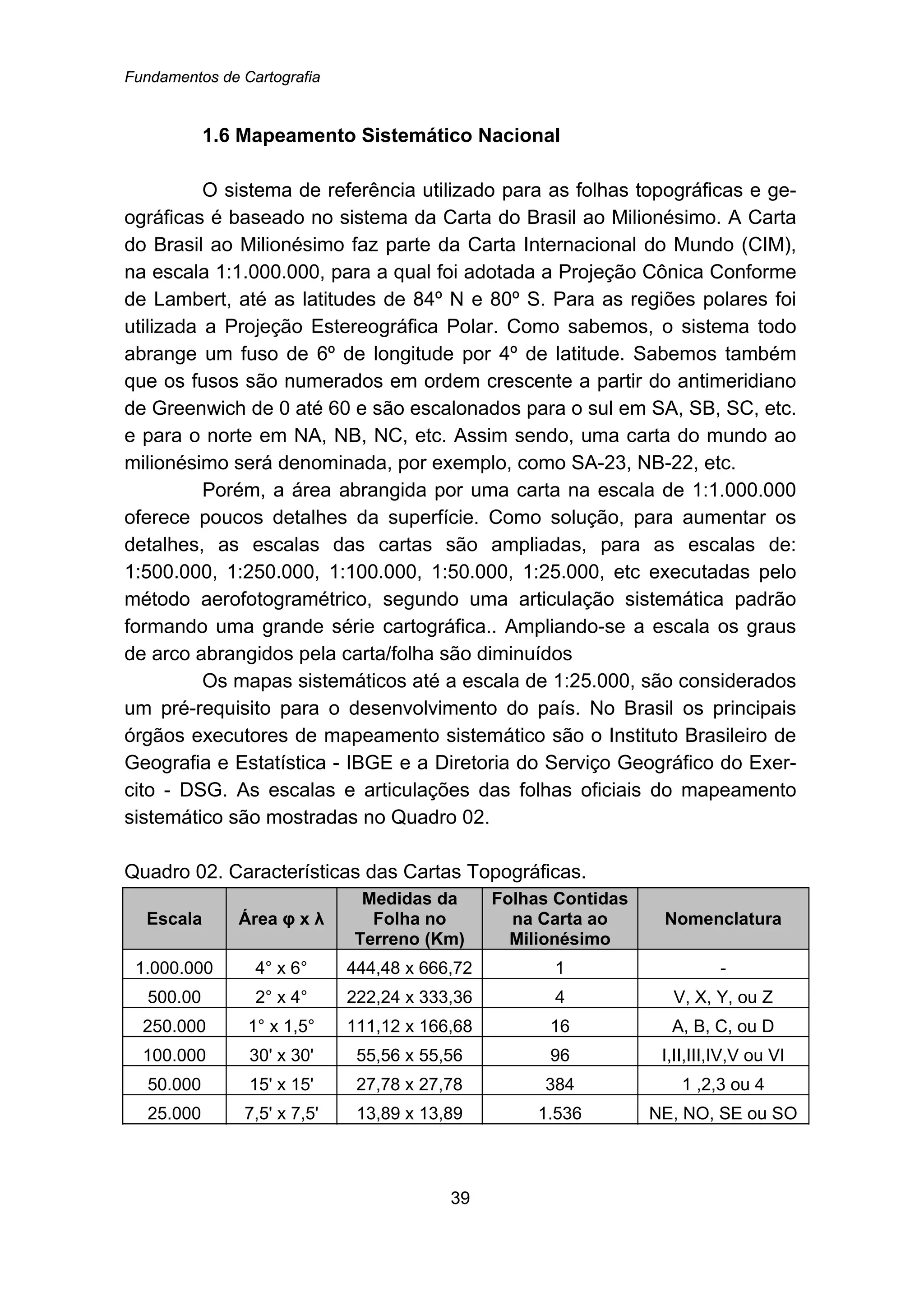 Fundamentos de Cartografia
39
12B1.6 Mapeamento Sistemático Nacional
O sistema de referência utilizado para as folhas topográficas e ge-
ográficas é baseado no sistema da Carta do Brasil ao Milionésimo. A Carta
do Brasil ao Milionésimo faz parte da Carta Internacional do Mundo (CIM),
na escala 1:1.000.000, para a qual foi adotada a Projeção Cônica Conforme
de Lambert, até as latitudes de 84º N e 80º S. Para as regiões polares foi
utilizada a Projeção Estereográfica Polar. Como sabemos, o sistema todo
abrange um fuso de 6º de longitude por 4º de latitude. Sabemos também
que os fusos são numerados em ordem crescente a partir do antimeridiano
de Greenwich de 0 até 60 e são escalonados para o sul em SA, SB, SC, etc.
e para o norte em NA, NB, NC, etc. Assim sendo, uma carta do mundo ao
milionésimo será denominada, por exemplo, como SA-23, NB-22, etc.
Porém, a área abrangida por uma carta na escala de 1:1.000.000
oferece poucos detalhes da superfície. Como solução, para aumentar os
detalhes, as escalas das cartas são ampliadas, para as escalas de:
1:500.000, 1:250.000, 1:100.000, 1:50.000, 1:25.000, etc executadas pelo
método aerofotogramétrico, segundo uma articulação sistemática padrão
formando uma grande série cartográfica.. Ampliando-se a escala os graus
de arco abrangidos pela carta/folha são diminuídos
Os mapas sistemáticos até a escala de 1:25.000, são considerados
um pré-requisito para o desenvolvimento do país. No Brasil os principais
órgãos executores de mapeamento sistemático são o Instituto Brasileiro de
Geografia e Estatística - IBGE e a Diretoria do Serviço Geográfico do Exer-
cito - DSG. As escalas e articulações das folhas oficiais do mapeamento
sistemático são mostradas no Quadro 02.
Quadro 02. Características das Cartas Topográficas.
Escala Área φ x λ
Medidas da
Folha no
Terreno (Km)
Folhas Contidas
na Carta ao
Milionésimo
Nomenclatura
1.000.000 4° x 6° 444,48 x 666,72 1 -
500.00 2° x 4° 222,24 x 333,36 4 V, X, Y, ou Z
250.000 1° x 1,5° 111,12 x 166,68 16 A, B, C, ou D
100.000 30' x 30' 55,56 x 55,56 96 I,II,III,IV,V ou VI
50.000 15' x 15' 27,78 x 27,78 384 1 ,2,3 ou 4
25.000 7,5' x 7,5' 13,89 x 13,89 1.536 NE, NO, SE ou SO
 