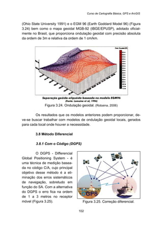 Curso de Cartografia Básica, GPS e ArcGIS
102
(Ohio State University 1991) e o EGM 96 (Earth Goddard Model 96) (Figura
3.24) bem como o mapa geoidal MGB-92 (IBGE/EPUSP), adotado oficial-
mente no Brasil, que proporciona ondulação geoidal com precisão absoluta
da ordem de 3m e relativa da ordem de 1 cm/km.
Figura 3.24. Ondulação geoidal. (Robaina, 2006)
Os resultados que os modelos anteriores podem proporcionar, de-
ve-se buscar trabalhar com modelos de ondulação geoidal locais, gerados
para cada local onde houver a necessidade.
29B3.8 Método Diferencial
85B3.8.1 Com o Código (DGPS)
O DGPS - Differencial
Global Positioning System - é
uma técnica de medição basea-
da no código C/A, cujo principal
objetivo desse método é a eli-
minação dos erros sistemáticos
de navegação, sobretudo em
função do SA. Com a alternativa
do DGPS o erro fica na ordem
de 1 a 3 metros no receptor
móvel (Figura 3.25). Figura 3.25. Correção diferencial.
 