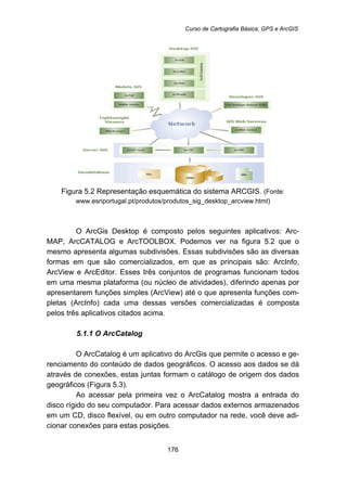 Curso de Cartografia Básica, GPS e ArcGIS
176
Figura 5.2 Representação esquemática do sistema ARCGIS. (Fonte:
www.esriportugal.pt/produtos/produtos_sig_desktop_arcview.html)
O ArcGis Desktop é composto pelos seguintes aplicativos: Arc-
MAP, ArcCATALOG e ArcTOOLBOX. Podemos ver na figura 5.2 que o
mesmo apresenta algumas subdivisões. Essas subdivisões são as diversas
formas em que são comercializados, em que as principais são: ArcInfo,
ArcView e ArcEditor. Esses três conjuntos de programas funcionam todos
em uma mesma plataforma (ou núcleo de atividades), diferindo apenas por
apresentarem funções simples (ArcView) até o que apresenta funções com-
pletas (ArcInfo) cada uma dessas versões comercializadas é composta
pelos três aplicativos citados acima.
5.1.1 O ArcCatalog
O ArcCatalog é um aplicativo do ArcGis que permite o acesso e ge-
renciamento do conteúdo de dados geográficos. O acesso aos dados se dá
através de conexões, estas juntas formam o catálogo de origem dos dados
geográficos (Figura 5.3).
Ao acessar pela primeira vez o ArcCatalog mostra a entrada do
disco rígido do seu computador. Para acessar dados externos armazenados
em um CD, disco flexível, ou em outro computador na rede, você deve adi-
cionar conexões para estas posições.
 