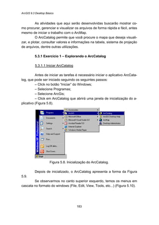 ArcGIS 9.3 Desktop Básico
183
As atividades que aqui serão desenvolvidas buscarão mostrar co-
mo procurar, gerenciar e visualizar os arquivos de forma rápida e fácil, antes
mesmo de iniciar o trabalho com o ArcMap.
O ArcCatalog permite que você procure o mapa que deseja visuali-
zar, e plotar, consultar valores e informações na tabela, sistema de projeção
de arquivos, dentre outras utilizações.
5.3.1 Exercício 1 – Explorando o ArcCatalog
5.3.1.1 Iniciar ArcCatalog
Antes de iniciar as tarefas é necessário iniciar o aplicativo ArcCata-
log, que pode ser iniciado seguindo os seguintes passos:
– Click no botão “Iniciar” do Windows;
– Selecione Programas;
– Selecione ArcGis;
– Click em ArcCatalog que abrirá uma janela de inicialização do a-
plicativo (Figura 5.8).
Figura 5.8. Inicialização do ArcCatalog.
Depois de inicializado, o ArcCatalog apresenta a forma da Figura
5.9.
Se observarmos no canto superior esquerdo, temos os menus em
cascata no formato do windows (File, Edit, View, Tools, etc...) (Figura 5.10).
 