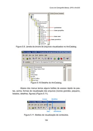 Curso de Cartografia Básica, GPS e ArcGIS
184
Figura 5.9. Janela da árvore de arquivos visualizados no ArcCatalog.
Figura 5.10 Detalhe do ArcCatalog.
Abaixo dos menus temos alguns botões de acesso rápido às pas-
tas, acima, formas de visualização dos arquivos (ícones grandes, pequeno,
listados, detalhes, figuras) (Figura 5.11).
Figura 5.11. Botões de visualização de conteúdos.
 