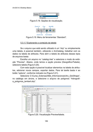 ArcGIS 9.3 Desktop Básico
189
Figura 5.18. Opções de visualização.
Figura 5.19. Menu de ferramentas “Standard”.
5.3.1.7 Explorando o conteúdo da tabela
Se o arquivo que está sendo utilizado é um “shp” ou simplesmente
uma tabela, é possível também, utilizando o ArcCatalog, trabalhar com os
dados na tabela de atributos. Para abrir a tabela de atributos desses tipos
de arquivos basta:
Escolha um arquivo no “catalog tree” e selecione o modo de exibi-
ção “Preview”. Abaixo, onde temos a opção preview (Geográfico/Tabela),
selecione tabela (Figura 5.20).
Com esta opção é possível localizar elementos na tabela de atribu-
tos, adicionar novos campos, exportar dados. Para tal tarefa basta ir ao
botão “options”, conforme indicado na (Figura 5.21).
Selecione C:Curso_ExtensaoMet_InformacionaisArc_GisShape”,
no catálogo em árvore, e selecione o arquivo de polígonos “hidrografi-
a_poligonos_lambert.shp”.
Figura 5.20. Visualização Preview/tabela.
 