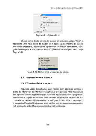 Curso de Cartografia Básica, GPS e ArcGIS
190
Figura 5.21. Options/Find.
Clique com o botão direito do mouse em cima do campo “Tipo” e
aparecerá uma nova caixa de diálogo com opções para mostrar os dados
em ordem crescente, decrescente, apresentar resultados estatísticos, con-
gelar/descongelar e até mesmo “excluir” (deletar) um campo inteiro. Veja
Figura 5.22.
Figura 5.22. Removendo um campo da tabela.
5.4 Trabalhando com o ArcMAP
5.4.1 Visualizando Informações
Algumas vezes trabalhamos com mapas com objetivos simples e
direto de interpretar as informações gráficas e geográficas. Mas mapas não
são apenas simples representações de onde estão localizados geografica-
mente certos objetos de estudo, mas também informações específicas so-
bre cada um desses objetos analisados. A Figura 5.23 mostra, por exemplo,
o mapa dos Estados Unidos com informações sobre a densidade populacio-
nal, facilitando a identificação das regiões metropolitanas.
 