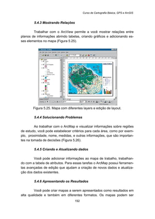 Curso de Cartografia Básica, GPS e ArcGIS
192
5.4.3 Mostrando Relações
Trabalhar com o ArcView permite a você mostrar relações entre
planos de informações abrindo tabelas, criando gráficos e adicionando es-
ses elementos no mapa (Figura 5.25).
Figura 5.25. Mapa com diferentes layers e edição de layout.
5.4.4 Solucionando Problemas
Ao trabalhar com o ArcMap e visualizar informações sobre regiões
de estudo, você pode estabelecer critérios para cada área, como por exem-
plo, proximidade, nome, medidas, e outras informações, que são importan-
tes na tomada de decisões (Figura 5.26).
5.4.5 Criando e Atualizando dados
Você pode adicionar informações ao mapa de trabalho, trabalhan-
do com a tabela de atributos. Para essas tarefas o ArcMap possui ferramen-
tas avançadas de edição que ajudam a criação de novos dados e atualiza-
ção dos dados existentes.
5.4.6 Apresentando os Resultados
Você pode criar mapas a serem apresentados como resultados em
alta qualidade e também em diferentes formatos. Os mapas podem ser
 