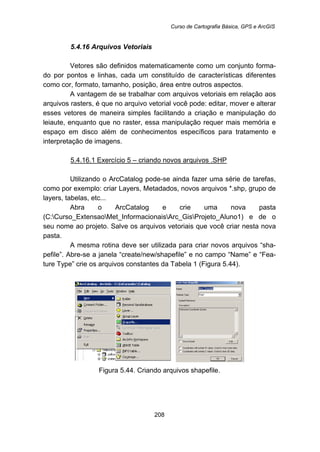 Curso de Cartografia Básica, GPS e ArcGIS
208
5.4.16 Arquivos Vetoriais
Vetores são definidos matematicamente como um conjunto forma-
do por pontos e linhas, cada um constituído de características diferentes
como cor, formato, tamanho, posição, área entre outros aspectos.
A vantagem de se trabalhar com arquivos vetoriais em relação aos
arquivos rasters, é que no arquivo vetorial você pode: editar, mover e alterar
esses vetores de maneira simples facilitando a criação e manipulação do
leiaute, enquanto que no raster, essa manipulação requer mais memória e
espaço em disco além de conhecimentos específicos para tratamento e
interpretação de imagens.
5.4.16.1 Exercício 5 – criando novos arquivos .SHP
Utilizando o ArcCatalog pode-se ainda fazer uma série de tarefas,
como por exemplo: criar Layers, Metadados, novos arquivos *.shp, grupo de
layers, tabelas, etc...
Abra o ArcCatalog e crie uma nova pasta
(C:Curso_ExtensaoMet_InformacionaisArc_GisProjeto_Aluno1) e de o
seu nome ao projeto. Salve os arquivos vetoriais que você criar nesta nova
pasta.
A mesma rotina deve ser utilizada para criar novos arquivos “sha-
pefile”. Abre-se a janela “create/new/shapefile” e no campo “Name” e “Fea-
ture Type” crie os arquivos constantes da Tabela 1 (Figura 5.44).
Figura 5.44. Criando arquivos shapefile.
 