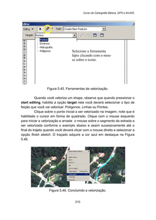 Curso de Cartografia Básica, GPS e ArcGIS
210
Figura 5.45. Ferramentas de vetorização.
Quando você vetoriza um shape, observe que quando pressionar o
start editing, habilita a opção target nela você deverá selecionar o tipo de
feição que você vai vetorizar: Polígonos, Linhas ou Pontos.
Clique sobre o ponto inicial a ser vetorizado na imagem, note que é
habilitado o cursor em forma de quadrado. Clique com o mouse esquerdo
para iniciar a vetorização e arraste o mouse sobre o segmento da estrada a
ser vetorizada conforme o exemplo abaixo e assim sucessivamente até o
final do trajeto quando você deverá clicar com o mouse direito e selecionar a
opção finish sketch. O traçado adquire a cor azul em destaque na Figura
5.46.
Figura 5.46. Concluindo a vetorização.
Selecione a ferramenta
lápis clicando com o mou-
se sobre o ícone.
 