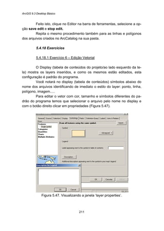 ArcGIS 9.3 Desktop Básico
211
Feito isto, clique no Editor na barra de ferramentas, selecione a op-
ção save edit e stop edit.
Repita o mesmo procedimento também para as linhas e polígonos
dos arquivos criados no ArcCatalog na sua pasta.
5.4.18 Exercícios
5.4.18.1 Exercício 6 – Edição Vetorial
O Display (tabela de conteúdos do projeto/ao lado esquerdo da te-
la) mostra os layers inseridos, e como os mesmos estão editados, esta
configuração é padrão do programa.
Você notará no display (tabela de conteúdos) símbolos abaixo do
nome dos arquivos identificando de imediato o estilo do layer: ponto, linha,
polígono, imagem.....
Para editar o vetor com cor, tamanho e símbolos diferentes do pa-
drão do programa temos que selecionar o arquivo pelo nome no display e
com o botão direito clicar em propriedades (Figura 5.47).
Figura 5.47. Visualizando a janela ‘layer properties’.
 
