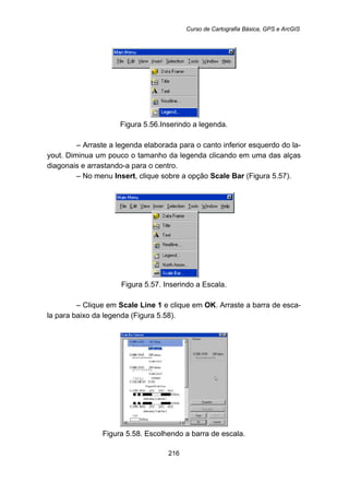 Curso de Cartografia Básica, GPS e ArcGIS
216
Figura 5.56.Inserindo a legenda.
– Arraste a legenda elaborada para o canto inferior esquerdo do la-
yout. Diminua um pouco o tamanho da legenda clicando em uma das alças
diagonais e arrastando-a para o centro.
– No menu Insert, clique sobre a opção Scale Bar (Figura 5.57).
Figura 5.57. Inserindo a Escala.
– Clique em Scale Line 1 e clique em OK. Arraste a barra de esca-
la para baixo da legenda (Figura 5.58).
Figura 5.58. Escolhendo a barra de escala.
 