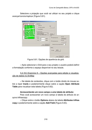 Curso de Cartografia Básica, GPS e ArcGIS
218
Selecione a projeção que você vai utilizar no seu projeto e clique
avançar/concluir/aplicar (Figura 5.61).
Figura 5.61. Opções de aparência do grid.
– Após selecionar o Grid para o seu projeto o usuário poderá definir
a formatação conforme o espaço disponível no seu leiaute.
5.4.18.3 Exercício 8 – Opções avançadas para edição e visualiza-
ção de dados no ArcMap
– Na tabela de conteúdos, clique com o botão direito do mouse so-
bre a layer tracts e posteriormente clique sobre a opção Open Attribute
Table para visualizar esta tabela (Figura 5.62).
Acrescentando um novo campo a uma tabela de atributo:
Para você acrescentar um novo campo à tabela de atributo do ar-
quivo trilhascopy:
– Clique sobre o botão Options abaixo da tabela Attributes trilhas
copy e posteriormente sobre a opção Add Field (Figura 5.63).
 