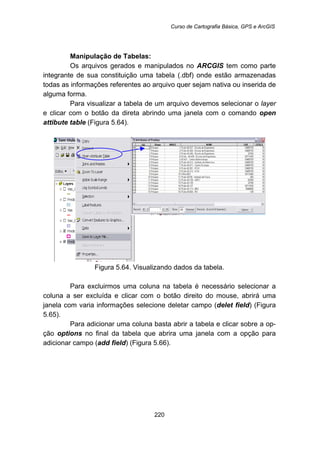 Curso de Cartografia Básica, GPS e ArcGIS
220
Manipulação de Tabelas:
Os arquivos gerados e manipulados no ARCGIS tem como parte
integrante de sua constituição uma tabela (.dbf) onde estão armazenadas
todas as informações referentes ao arquivo quer sejam nativa ou inserida de
alguma forma.
Para visualizar a tabela de um arquivo devemos selecionar o layer
e clicar com o botão da direta abrindo uma janela com o comando open
attibute table (Figura 5.64).
Figura 5.64. Visualizando dados da tabela.
Para excluirmos uma coluna na tabela é necessário selecionar a
coluna a ser excluída e clicar com o botão direito do mouse, abrirá uma
janela com varia informações selecione deletar campo (delet field) (Figura
5.65).
Para adicionar uma coluna basta abrir a tabela e clicar sobre a op-
ção options no final da tabela que abrira uma janela com a opção para
adicionar campo (add field) (Figura 5.66).
 