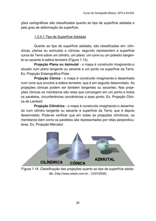 Curso de Cartografia Básica, GPS e ArcGIS
30
ções cartográficas são classificados quanto ao tipo de superfície adotada e
pelo grau de deformação da superfície.
1.3.4.1 Tipo de Superfície Adotada
Quanto ao tipo de superfície adotada, são classificadas em: cilín-
dricas, planas ou azimutais e cônicas, segundo representem a superfície
curva da Terra sobre um cilindro, um plano, um cone ou um poliedro tangen-
te ou secante à esfera terrestre (Figura 1.14).
Projeção Plana ou Azimutal - o mapa é construído imaginando-o
situado num plano tangente ou secante a um ponto na superfície da Terra.
Ex. Projeção Esterográfica Polar.
Projeção Cônica - o mapa é construído imaginando-o desenhado
num cone que envolve a esfera terrestre, que é em seguida desenrolado. As
projeções cônicas podem ser também tangentes ou secantes. Nas proje-
ções cônicas os meridianos são retas que convergem em um ponto e todos
os paralelos, circunferências concêntricas a esse ponto. Ex. Projeção Côni-
ca de Lambert.
Projeção Cilíndrica - o mapa é construído imaginando-o desenha-
do num cilindro tangente ou secante à superfície da Terra, que é depois
desenrolado. Pode-se verificar que em todas as projeções cilíndricas, os
meridianos bem como os paralelos são representados por retas perpendicu-
lares. Ex. Projeção Mercator.
Figura 1.14. Classificação das projeções quanto ao tipo de superfície adota-
da. (http://www.esteio.com.br , 12/07/2008)
 