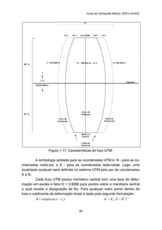 Curso de Cartografia Básica, GPS e ArcGIS
36
Figura 1.17. Características do fuso UTM.
A simbologia adotada para as coordenadas UTM é: N - para as co-
ordenadas norte-sul; e E - para as coordenadas leste-oeste. Logo, uma
localidade qualquer será definida no sistema UTM pelo par de coordenadas
E e N.
Cada fuso UTM possui meridiano central com uma taxa de defor-
mação em escala o fator K = 0,9996 para pontos sobre o meridiano central
o qual recebe a designação de Ko. Para qualquer outro ponto dentro do
fuso o coeficiente de deformação linear é dado pela seguinte formulação:
)()cos( 0λλφ −= senB 2/12
0 )1/( BKK −=
 
