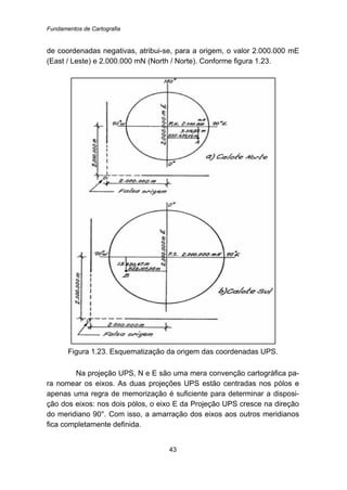 Fundamentos de Cartografia
43
de coordenadas negativas, atribui-se, para a origem, o valor 2.000.000 mE
(East / Leste) e 2.000.000 mN (North / Norte). Conforme figura 1.23.
Figura 1.23. Esquematização da origem das coordenadas UPS.
Na projeção UPS, N e E são uma mera convenção cartográfica pa-
ra nomear os eixos. As duas projeções UPS estão centradas nos pólos e
apenas uma regra de memorização é suficiente para determinar a disposi-
ção dos eixos: nos dois pólos, o eixo E da Projeção UPS cresce na direção
do meridiano 90°. Com isso, a amarração dos eixos aos outros meridianos
fica completamente definida.
 