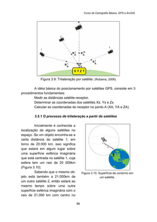Curso de Cartografia Básica, GPS e ArcGIS
86
Figura 3.9. Trilateração por satélite. (Robaina, 2006)
A idéia básica do posicionamento por satélites GPS, consiste em 3
procedimentos fundamentais:
Medir as distâncias satélite-receptor.
Determinar as coordenadas dos satélites Xs. Ys e Zs.
Calcular as coordenadas do receptor no ponto A (XA, YA e ZA).
75B3.5.1 O processo de trilateração a partir de satélites
Inicialmente é conhecida a
localização de alguns satélites no
espaço. Se um objeto encontra-se a
certa distância do satélite 1, em
torno de 20.000 km, isso significa
que estará em algum lugar sobre
uma superfície esférica imaginária
que está centrada no satélite 1, cuja
esfera tem um raio de 20 000km
(Figura 3.10).
Sabendo que o mesmo ob-
jeto está também a 21.000km de
um outro satélite 2, então estará ao
mesmo tempo sobre uma outra
superfície esférica imaginária com o
raio de 21.000 km com centro no
Figura 3.10. Superfície de contorno em
um satélite.
 