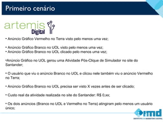 Primeiro cenário
• Anúncio Gráfico Vermelho no Terra visto pelo menos uma vez;
• Anúncio Gráfico Branco no UOL visto pelo menos uma vez;
• Anúncio Gráfico Branco no UOL clicado pelo menos uma vez;
•Anúncio Gráfico no UOL gerou uma Atividade Pós-Clique de Simulador no site do
Santander;
• O usuário que viu o anúncio Branco no UOL e clicou nele também viu o anúncio Vermelho
no Terra;
• Anúncio Gráfico Branco no UOL precisa ser visto X vezes antes de ser clicado;
• Custo real da atividade realizada no site do Santander: R$ 0,xx;
• Os dois anúncios (Branco no UOL e Vermelho no Terra) atingiram pelo menos um usuário
único;
 
