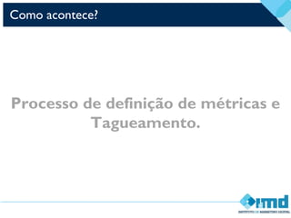 Como acontece?
Processo de definição de métricas e
Tagueamento.
 