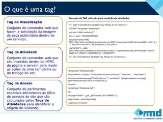 O que é uma tag?
<!-- Start of DoubleClick Spotlight Tag: Please do not remove-->
<SCRIPT language="JavaScript">
var axel = Math.random()+"";
var a = axel * 10000000000000;
document.write('<IMG
SRC="http://ad.br.doubleclick.net/activity;src=833713;type=webmo280;cat=home2261;ord='+ a +
'?" WIDTH=1 HEIGHT=1 BORDER=0>'); </SCRIPT>
<NOSCRIPT> <IMG
SRC="http://ad.br.doubleclick.net/activity;src=833713;type=webmo280;cat=home2261;ord=1?"
WIDTH=1 HEIGHT=1 BORDER=0> </NOSCRIPT>
<!-- End of DoubleClick Spotlight Tag: Please do not remove-->
Exemplo de TAG utilizada para medição de atividades
Tag de Visualização
Conjunto de comandos web que
fazem a solicitação da imagem
da peça publicitária dentro de
um servidor.
Tag de Atividade
Conjunto de comandos web que
são inseridos dentro do HTML
da página e servem para medir
as ações de uma campanha ou
do trafego do site.
Tag de Acesso
Conjunto de parâmetros
especiais adicionados às URLs
de acessos do site que são
capturados pelas Tags de
Atividades para identificar a
origem do visitante.
<script type="text/javascript">
var gaJsHost = (("https:" == document.location.protocol) ? "https://ssl." : "http://www.");
document.write(unescape("%3Cscript src='" + gaJsHost + "google-analytics.com/ga.js'
type='text/javascript'%3E%3C/script%3E"));
</script>
<script type="text/javascript">
try {
var pageTracker = _gat._getTracker("UA-7448890-1");
pageTracker._trackPageview();
} catch(err) {}</script>
 
