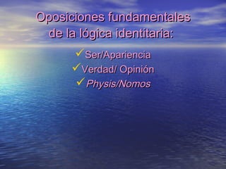 Oposiciones fundamentalesOposiciones fundamentales
de la lógica identitaria:de la lógica identitaria:
Ser/AparienciaSer/A...