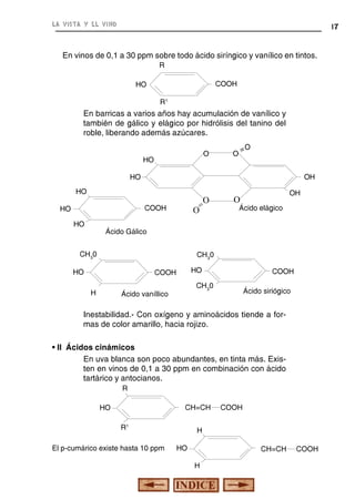 la vista y el vino

17

En vinos de 0,1 a 30 ppm sobre todo ácido siríngico y vanílico en tintos.
R

COOH

HO
R1

En barricas a varios años hay acumulación de vanílico y
también de gálico y elágico por hidrólisis del tanino del
roble, liberando además azúcares.
O

HO

=O

O

OH

HO
HO

O
O=

COOH

HO
HO

OH

O

Ácido elágico

Ácido Gálico

CH30

CH30

HO

HO

COOH
H

COOH

CH30

Ácido vaníllico

Ácido siriógico

Inestabilidad.- Con oxígeno y aminoácidos tiende a formas de color amarillo, hacia rojizo.
• II Ácidos cinámicos
En uva blanca son poco abundantes, en tinta más. Existen en vinos de 0,1 a 30 ppm en combinación con ácido
tartárico y antocianos.
R
CH=CH

HO
R1
El p-cumárico existe hasta 10 ppm

COOH

H
HO

CH=CH
H

COOH

 