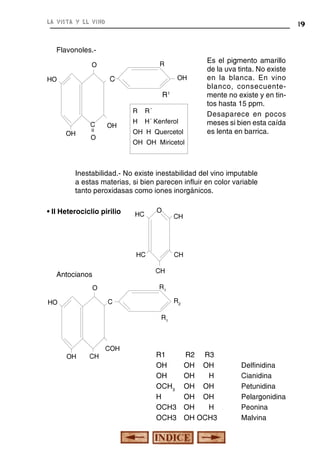 la vista y el vino

19

Flavonoles.R

O

OH

C

HO

R1
R
OH

=

C

OH

O

R´

H

H´ Kenferol

OH H Quercetol

Es el pigmento amarillo
de la uva tinta. No existe
en la blanca. En vino
blanco, consecuentemente no existe y en tintos hasta 15 ppm.
Desaparece en pocos
meses si bien esta caída
es lenta en barrica.

OH OH Miricetol

Inestabilidad.- No existe inestabilidad del vino imputable
a estas materias, si bien parecen influir en color variable
tanto peroxidasas como iones inorgánicos.
• II Heterociclio pirilio

HC

O

HC

CH
CH

Antocianos

R1

O

R2

C

HO

CH

R1

OH

CH

COH

R1
OH
OH
OCH3
H
OCH3
OCH3

R2 R3
OH OH
OH
H
OH OH
OH OH
OH
H
OH OCH3

Delfinidina
Cianidina
Petunidina
Pelargonidina
Peonina
Malvina

 