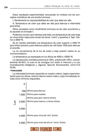 CURSO POPULAR DE CATA DE VINOS

26

Lux

Estos resultados experimentales concuerdan en síntesis con los conceptos cromáticos de una fuente luminosa :
I. Rendimiento en reproductibilidad de color que debe ser alto.
II. Temperatura de color que debe ser alta para blancos e intermedia
para tintos.
Otros conceptos como rendimiento luminoso es de valor económico y
es opuesto al concepto I.
Podemos concluir que interesa ante todo una temperatura de color baja
en vinos tintos viejos para anular los tonos "cuero" y pasarlos a "teja" inferior a 3000 ºK.
Es en cambio admisible una temperatura de color superior a 4000 ºK
para tintos jóvenes y para blancos podría ser útil hasta 1000 para atenuar
el amarillo.
La no conveniencia de la luz de sodio a baja presión radica en su
monocromatismo.
La temperatura ya expresada en luz difusa de 4000 a 10000 ºK.
La reproducción cromática próxima al 100%, práctica 85-100%, concretamente 93-95%, lo cual no se consigue con sodio ni mercurio y sí con
incandescente, halógenas y algunos tipos de fluorescentes como TLD
93-95.
• Intensidad
La intensidad luminosa requerida en nuestro criterio, según experimentación para luz difusa, entorno blanco neutro mate y copa normalizada resulta como mínimos requeridos:

07001.000 2.000 3.000 4.000 5.000 -

Mínimo para blancos
Mínimo para rosados
Mínimo para gran reserva (tintos)
Mínimo para reserva y crianza (tintos)

Mínimo para vinos del "año" (tintos)
Mínimo para vinos del año en "rama" (tintos)

 