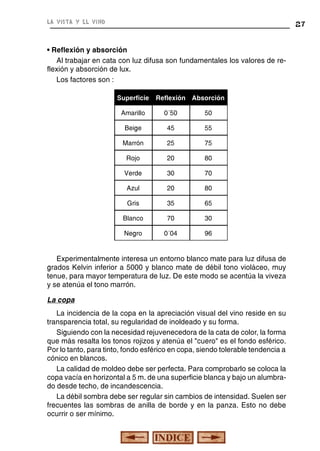 la vista y el vino

27

• Reflexión y absorción
Al trabajar en cata con luz difusa son fundamentales los valores de reflexión y absorción de lux.
Los factores son :
Superficie

Reflexión Absorción

Amarillo

0´50

50

Beige

45

55

Marrón

25

75

Rojo

20

80

Verde

30

70

Azul

20

80

Gris

35

65

Blanco

70

30

Negro

0´04

96

Experimentalmente interesa un entorno blanco mate para luz difusa de
grados Kelvin inferior a 5000 y blanco mate de débil tono violáceo, muy
tenue, para mayor temperatura de luz. De este modo se acentúa la viveza
y se atenúa el tono marrón.
La copa
La incidencia de la copa en la apreciación visual del vino reside en su
transparencia total, su regularidad de inoldeado y su forma.
Siguiendo con la necesidad rejuvenecedora de la cata de color, la forma
que más resalta los tonos rojizos y atenúa el "cuero" es el fondo esférico.
Por lo tanto, para tinto, fondo esférico en copa, siendo tolerable tendencia a
cónico en blancos.
La calidad de moldeo debe ser perfecta. Para comprobarlo se coloca la
copa vacía en horizontal a 5 m. de una superficie blanca y bajo un alumbrado desde techo, de incandescencia.
La débil sombra debe ser regular sin cambios de intensidad. Suelen ser
frecuentes las sombras de anilla de borde y en la panza. Esto no debe
ocurrir o ser mínimo.

 