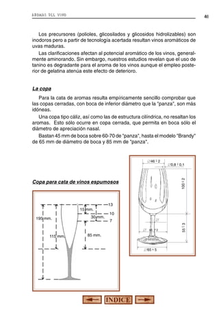 aromas del vino

41

Los precursores (polioles, glicosilados y glicosidos hidrolizables) son
inodoros pero a partir de tecnología acertada resultan vinos aromáticos de
uvas maduras.
Las clarificaciones afectan al potencial aromático de los vinos, generalmente aminorando. Sin embargo, nuestros estudios revelan que el uso de
tanino es degradante para el aroma de los vinos aunque el empleo posterior de gelatina atenúa este efecto de deterioro.
La copa
Para la cata de aromas resulta empíricamente sencillo comprobar que
las copas cerradas, con boca de inferior diámetro que la "panza", son más
idóneas.
Una copa tipo cáliz, así como las de estructura cilíndrica, no resaltan los
aromas. Esto sólo ocurre en copa cerrada, que permita en boca sólo el
diámetro de apreciación nasal.
Bastan 45 mm de boca sobre 60-70 de "panza", hasta el modelo "Brandy"
de 65 mm de diámetro de boca y 85 mm de "panza".

Copa para cata de vinos espumosos

195 mm.

30 mm.

+

13
10
9+ 1
-

7
65 + 2
-

115 mm.

85 mm.
65 + 5
-

55 - 3

15 mm.

0,8 + 0,1
-

100 - 2

46 + 2
-

+

 