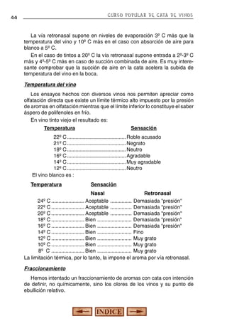 CURSO POPULAR DE CATA DE VINOS

44

La vía retronasal supone en niveles de evaporación 3º C más que la
temperatura del vino y 10º C más en el caso con absorción de aire para
blanco a 5º C.
En el caso de tintos a 20º C la vía retronasal supone entrada a 2º-3º C
más y 4º-5º C más en caso de succión combinada de aire. Es muy interesante comprobar que la succión de aire en la cata acelera la subida de
temperatura del vino en la boca.
Temperatura del vino
Los ensayos hechos con diversos vinos nos permiten apreciar como
olfatación directa que existe un límite térmico alto impuesto por la presión
de aromas en olfatación mientras que el límite inferior lo constituye el saber
áspero de polifenoles en frío.
En vino tinto viejo el resultado es:
Temperatura

Sensación

22º C ......................................... Roble acusado
21º C ......................................... Negrato
18º C ......................................... Neutro
16º C ......................................... Agradable
14º C ......................................... Muy agradable
12º C ......................................... Neutro
El vino blanco es :
Temperatura

Sensación

Nasal
Retronasal
24º C ....................... Aceptable ............... Demasiada "presión"
22º C ....................... Aceptable ............... Demasiada "presión"
20º C ....................... Aceptable ............... Demasiada "presión"
18º C ....................... Bien ........................ Demasiada "presión"
16º C ....................... Bien ........................ Demasiada "presión"
14º C ....................... Bien ........................ Fino
12º C ....................... Bien ........................ Muy grato
10º C ....................... Bien ........................ Muy grato
8º C ....................... Bien ........................ Muy grato
La limitación térmica, por lo tanto, la impone el aroma por vía retronasal.
Fraccionamiento
Hemos intentado un fraccionamiento de aromas con cata con intención
de definir, no químicamente, sino los olores de los vinos y su punto de
ebullición relativo.

 