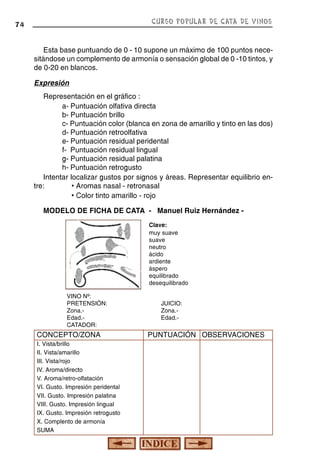 CURSO POPULAR DE CATA DE VINOS

74

Esta base puntuando de 0 - 10 supone un máximo de 100 puntos necesitándose un complemento de armonía o sensación global de 0 -10 tintos, y
de 0-20 en blancos.
Expresión
Representación en el gráfico :
a- Puntuación olfativa directa
b- Puntuación brillo
c- Puntuación color (blanca en zona de amarillo y tinto en las dos)
d- Puntuación retroolfativa
e- Puntuación residual peridental
f- Puntuación residual lingual
g- Puntuación residual palatina
h- Puntuación retrogusto
Intentar localizar gustos por signos y áreas. Representar equilibrio entre:
• Aromas nasal - retronasal
• Color tinto amarillo - rojo
MODELO DE FICHA DE CATA - Manuel Ruiz Hernández Clave:
muy suave
suave
neutro
ácido
ardiente
áspero
equilibrado
desequilibrado
VINO Nº:
PRETENSIÓN:
Zona.Edad.CATADOR:

CONCEPTO/ZONA
I. Vista/brillo
II. Vista/amarillo
III. Vista/rojo
IV. Aroma/directo
V. Aroma/retro-olfatación
VI. Gusto. Impresión peridental
VII. Gusto. Impresión palatina
VIII. Gusto. Impresión lingual
IX. Gusto. Impresión retrogusto
X. Complento de armonía
SUMA

JUICIO:
Zona.Edad.-

PUNTUACIÓN OBSERVACIONES

 
