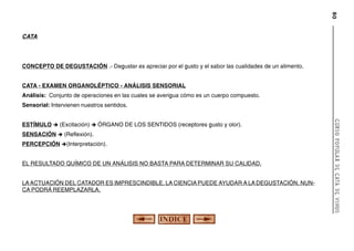 80

CATA

CONCEPTO DE DEGUSTACIÓN .- Degustar es apreciar por el gusto y el sabor las cualidades de un alimento.
CATA - EXAMEN ORGANOLÉPTICO - ANÁLISIS SENSORIAL
Análisis: Conjunto de operaciones en las cuales se averigua cómo es un cuerpo compuesto.
Sensorial: Intervienen nuestros sentidos.

SENSACIÓN è (Reflexión).
PERCEPCIÓN è(Interpretación).
EL RESULTADO QUÍMICO DE UN ANÁLISIS NO BASTA PARA DETERMINAR SU CALIDAD.
LA ACTUACIÓN DEL CATADOR ES IMPRESCINDIBLE, LA CIENCIA PUEDE AYUDAR A LA DEGUSTACIÓN, NUNCA PODRÁ REEMPLAZARLA.

CURSO POPULAR DE CATA DE VINOS

ESTÍMULO è (Excitación) è ÓRGANO DE LOS SENTIDOS (receptores gusto y olor).

 