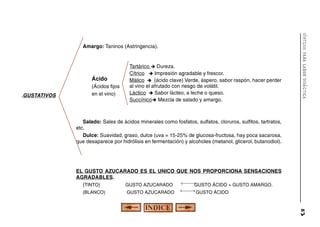 Ácido
.GUSTATIVOS

(Ácidos fijos
en el vino)

Tartárico è Dureza.
Cítrico è Impresión agradable y frescor.
Málico è (ácido clave) Verde, áspero, sabor raspón, hacer perder
al vino el afrutado con riesgo de volátil.
Láctico è Sabor lácteo, a leche o queso.
Succínicoè Mezcla de salado y amargo.

síntesis para labor didáctica

Amargo: Taninos (Astringencia).

Salado: Sales de ácidos minerales como fosfatos, sulfatos, cloruros, sulfitos, tartratos,
etc.
Dulce: Suavidad, graso, dulce (uva = 15-25% de glucosa-fructosa, hay poca sacarosa,
que desaparece por hidrólisis en fermentación) y alcoholes (metanol, glicerol, butanodiol).

EL GUSTO AZUCARADO ES EL UNICO QUE NOS PROPORCIONA SENSACIONES
AGRADABLES.
(TINTO)
GUSTO AZUCARADO
GUSTO ÁCIDO + GUSTO AMARGO.
(BLANCO)

GUSTO AZUCARADO

GUSTO ÁCIDO

83

 