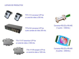 LISTADO DE PRODUCTOS
TTP-111V conversor UTP de
un canal de video a 300 mts.
TTP-414V conversor UTP de
cuatro canales de video 300 mts.
TTA-111VT transmisor UTP de
un canal de video a 1200 mts.
TTA-111VR receptor UTP de
un canal de video a 1200 mts.
Conversor RS-232 a RS-485
(1 puerto – 1200mts.)
Conversor RS-232 a RS-485
(4 puertos – 2000mts.)
 