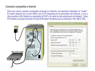 Para que varios usuarios compartan el acceso a Internet, es necesario intercalar un “router”.
El router dispone de un port WAN, con la IP asignada por el proveedor de Internet, y uno o
más puertos LAN (donde se conectará la DVR y el resto de las estaciones de trabajo). Cada
PC tendrá su propia dirección IP (las DVR salen de fábrica con la dirección 192.168.0.199).
Conexión compartida a Internet
 
