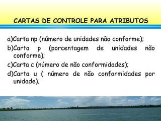 102
CARTAS DE CONTROLE PARA ATRIBUTOS
a)Carta np (número de unidades não conforme);
b)Carta p (porcentagem de unidades não
conforme);
c)Carta c (número de não conformidades);
d)Carta u ( número de não conformidades por
unidade).
 