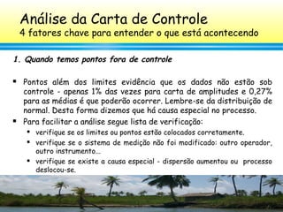 110
Análise da Carta de Controle
4 fatores chave para entender o que está acontecendo
1. Quando temos pontos fora de controle
 Pontos além dos limites evidência que os dados não estão sob
controle - apenas 1% das vezes para carta de amplitudes e 0,27%
para as médias é que poderão ocorrer. Lembre-se da distribuição de
normal. Desta forma dizemos que há causa especial no processo.
 Para facilitar a análise segue lista de verificação:
 verifique se os limites ou pontos estão colocados corretamente.
 verifique se o sistema de medição não foi modificado: outro operador,
outro instrumento...
 verifique se existe a causa especial - dispersão aumentou ou processo
deslocou-se.
 