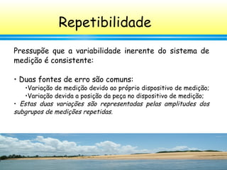 139
Pressupõe que a variabilidade inerente do sistema de
medição é consistente:
• Duas fontes de erro são comuns:
•Variação de medição devido ao próprio dispositivo de medição;
•Variação devida a posição da peça no dispositivo de medição;
• Estas duas variações são representadas pelas amplitudes dos
subgrupos de medições repetidas.
Repetibilidade
 