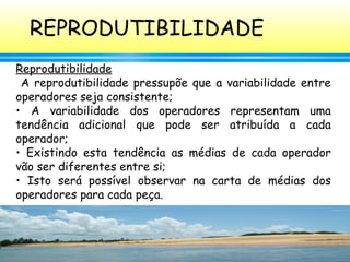 143
Reprodutibilidade
A reprodutibilidade pressupõe que a variabilidade entre
operadores seja consistente;
• A variabilidade dos operadores representam uma
tendência adicional que pode ser atribuída a cada
operador;
• Existindo esta tendência as médias de cada operador
vão ser diferentes entre si;
• Isto será possível observar na carta de médias dos
operadores para cada peça.
REPRODUTIBILIDADE
 