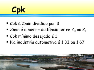 153
Cpk
 Cpk é Zmin dividido por 3
 Zmin é a menor distância entre ZU ou ZL
 Cpk mínimo desejado é 1
 Na indústria automotiva é 1,33 ou 1,67
 