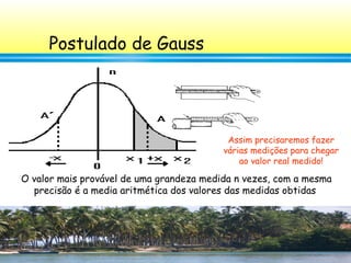 48
Postulado de Gauss
O valor mais provável de uma grandeza medida n vezes, com a mesma
precisão é a media aritmética dos valores das medidas obtidas
Assim precisaremos fazer
várias medições para chegar
ao valor real medido!
 