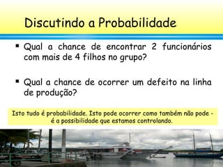 51
Discutindo a Probabilidade
 Qual a chance de encontrar 2 funcionários
com mais de 4 filhos no grupo?
 Qual a chance de ocorrer um defeito na linha
de produção?
Isto tudo é probabilidade. Isto pode ocorrer como também não pode -
é a possibilidade que estamos controlando.
 