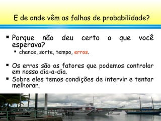 53
E de onde vêm as falhas de probabilidade?
 Porque não deu certo o que você
esperava?
 chance, sorte, tempo, erros.
 Os erros são os fatores que podemos controlar
em nosso dia-a-dia.
 Sobre eles temos condições de intervir e tentar
melhorar.
 