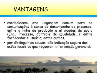 75
VANTAGENS
 estabelecem uma linguagem comum para as
comunicações à cerca do desempenho do processo:
entre a linha de produção e atividades de apoio
(Eng.. Processo, Controle de Qualidade...); entre
fornecedor e usuário; entre outros.
 por distinguir as causas, dão indicação segura das
ações locais ou que requerem intervenção gerencial.
 