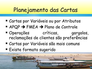 86
 Cartas por Variáveis ou por Atributos
 APQP  FMEA  Plano de Controle
 Operações críticas, gargalos,
reclamações de clientes são preferências
 Cartas por Variáveis são mais comuns
 Existe formato sugerido
Planejamento das Cartas
 