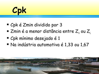 153
Cpk
 Cpk é Zmin dividido por 3
 Zmin é a menor distância entre ZU ou ZL
 Cpk mínimo desejado é 1
 Na indústria aut...
