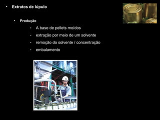Extratos de lúpulo Produção A base de pellets moídos  extração por meio de um solvente remoção do solvente / concentração embalamento 