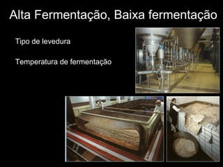 Alta Fermentação, Baixa fermentação Temperatura Tipo de levedura Temperatura de fermentação 