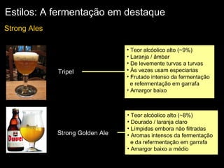 Estilos: A fermentação em destaque Teor alcóolico alto (~9%) Laranja / âmbar  De levemente turvas a turvas Às vezes usam especiarias Frutado intenso da fermentação e refermentação em garrafa Amargor baixo Strong Golden Ale  Teor alcóolico alto (~8%) Dourado / laranja claro Límpidas embora não filtradas  Aromas intensos da fermentação e da refermentação em garrafa Amargor baixo a médio Strong Ales Tripel   