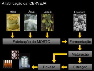 A fabricação da  CERVEJA Fabricação do MOSTO Fermentação Maturação Lúpulo Levedura Malte Água Filtração Envase 
