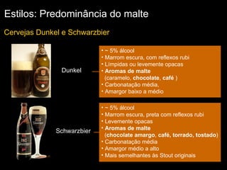 Estilos: Predominância do malte Cervejas Dunkel e Schwarzbier  ~ 5% álcool Marrom escura, com reflexos rubi  Límpidas ou levemente opacas  Aromas de malte   (caramelo,  chocolate ,  café  ) Carbonatação média,  Amargor baixo a médio Dunkel ~ 5% álcool Marrom escura, preta com reflexos rubi  Levemente opacas Aromas de malte   ( chocolate amargo ,  café, torrado, tostado ) Carbonatação média Amargor médio a alto Mais semelhantes às Stout originais  Schwarzbier 