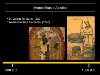 Monastérios e Abadias 800 d.C  St. Gallen, na Suíça  (820) Weihenstephan Alemanha (1040)   1500 d.C  